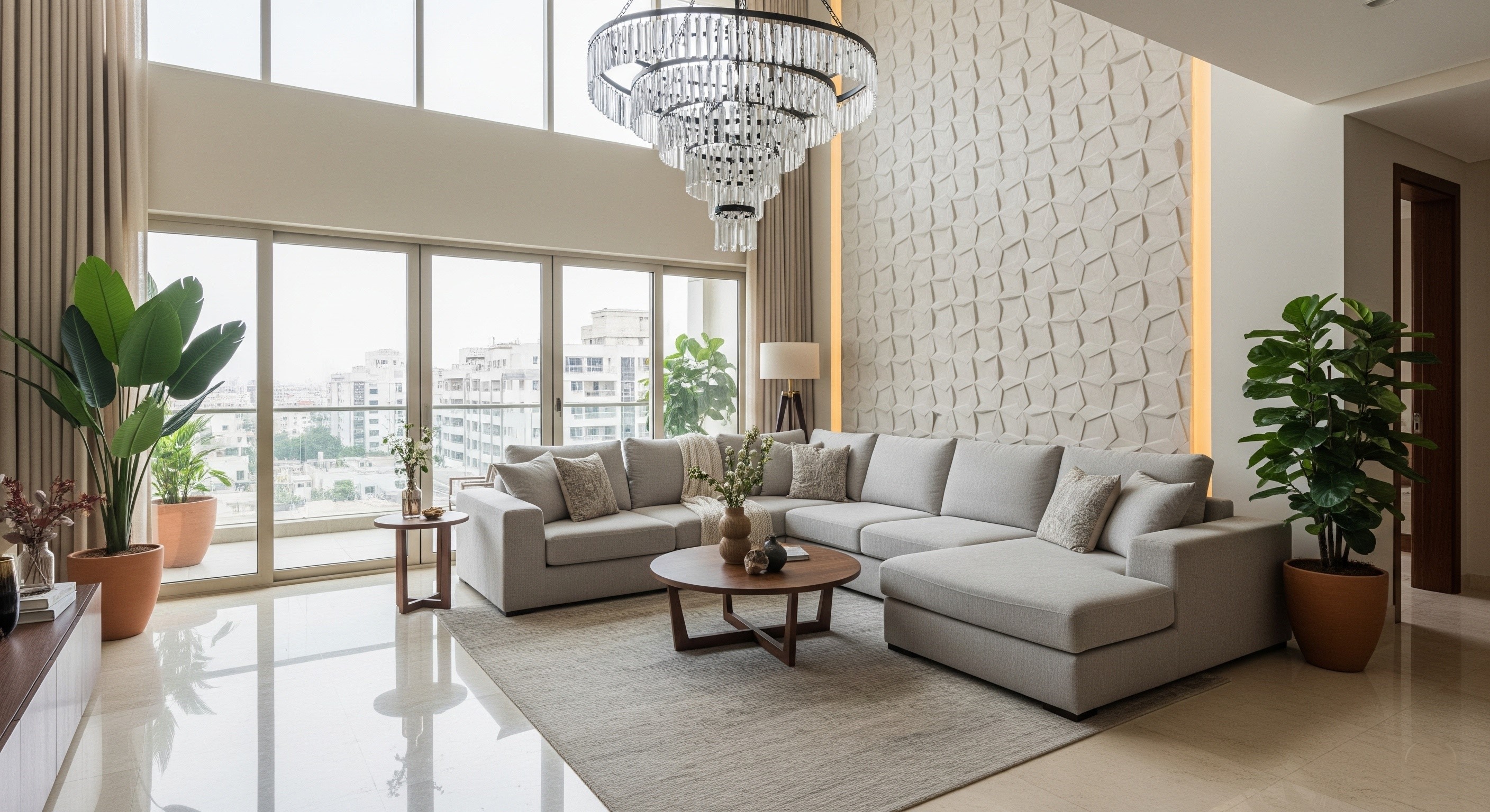 A spacious living room with modern interior design