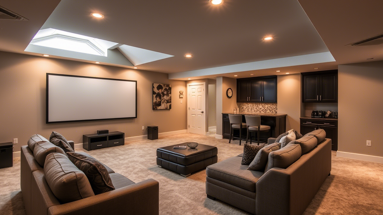 Cozy finished basement converted into home theater