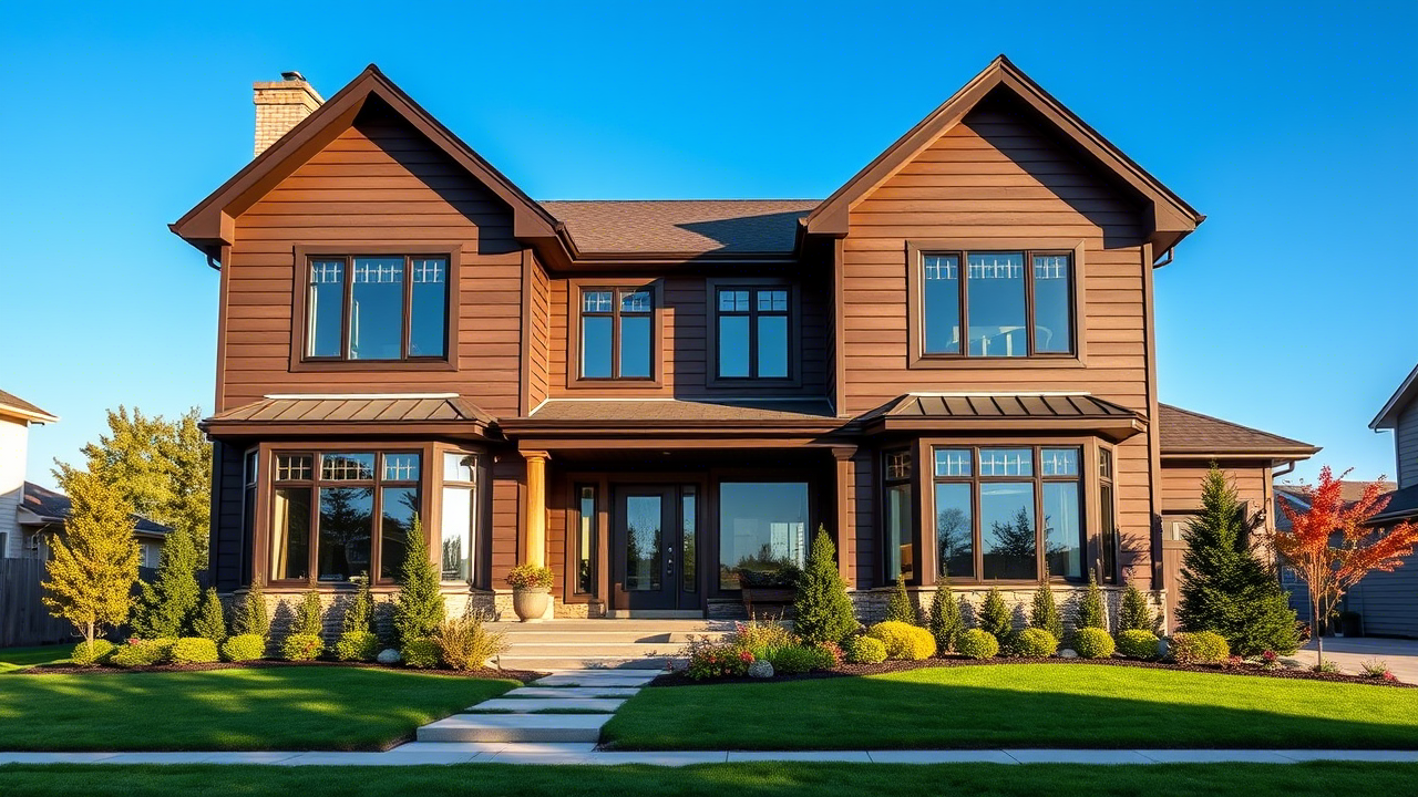 Fully renovated two-story house exterior with new facade and landscaping