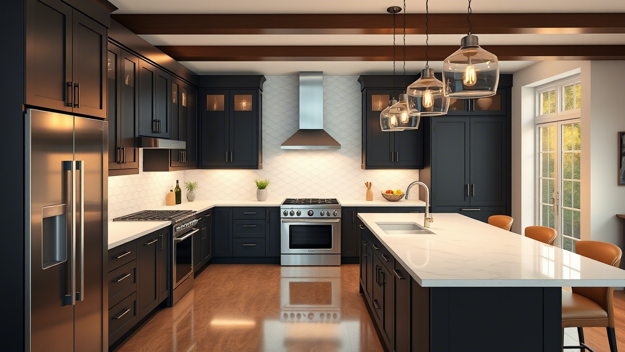 Sleek modern kitchen after remodeling with island and pendant lights