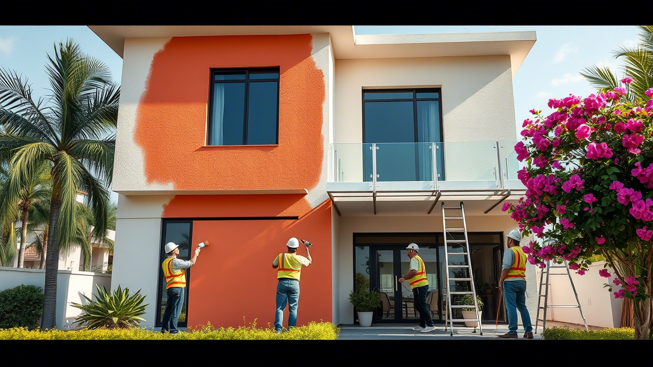 Professional crew painting a modern bungalow exterior in Karachi Defence