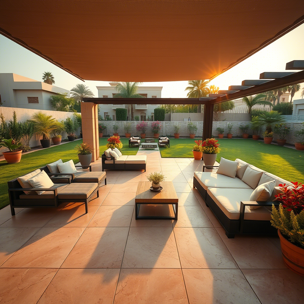 Luxurious outdoor patio with new tiles and modern furniture in DHA