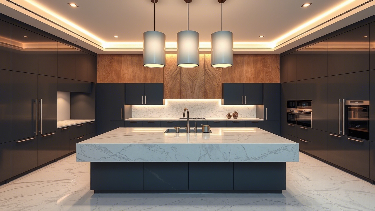 Elegant modern kitchen interior with marble, top-tier kitchen remodeling Karachi