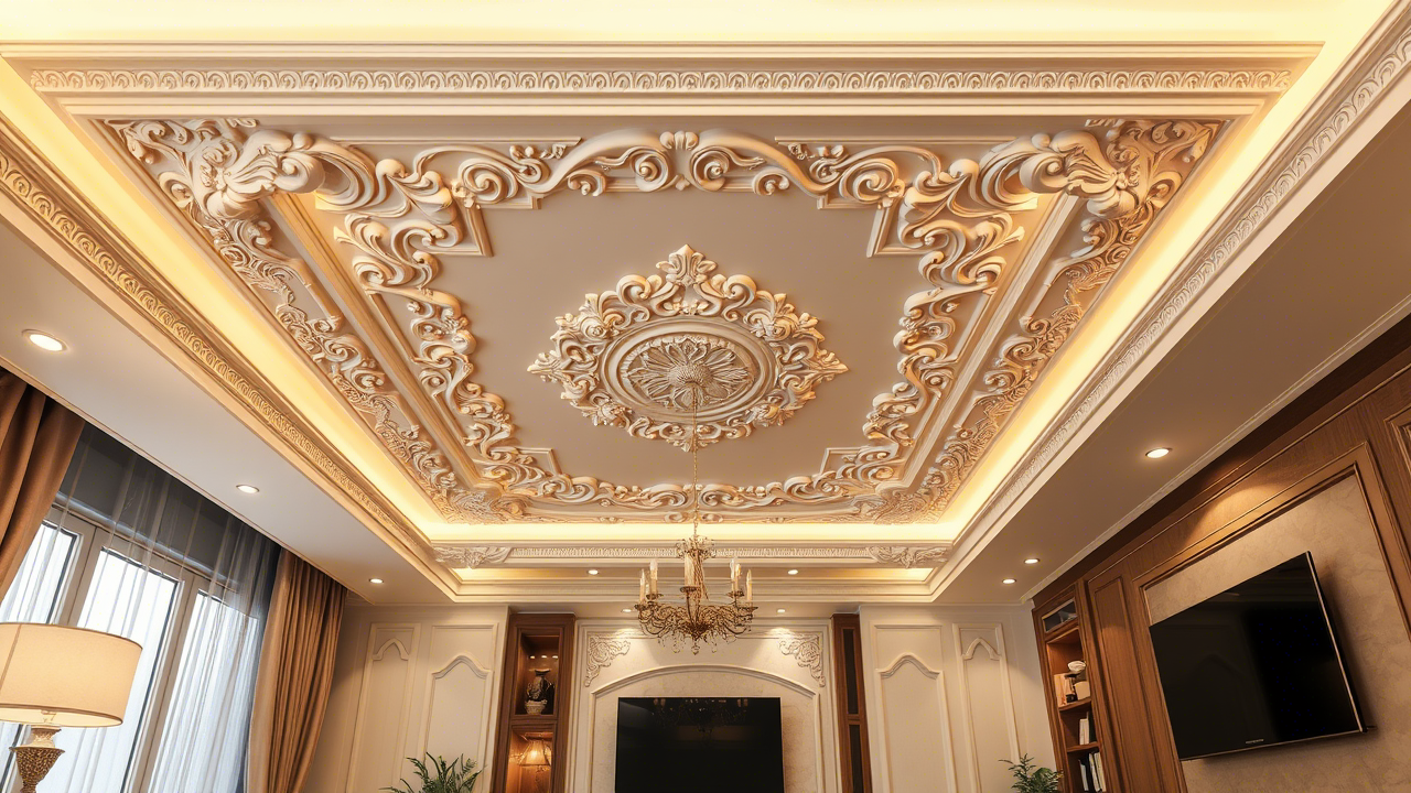 Elegant living room with multi-layered false ceiling and integrated lighting