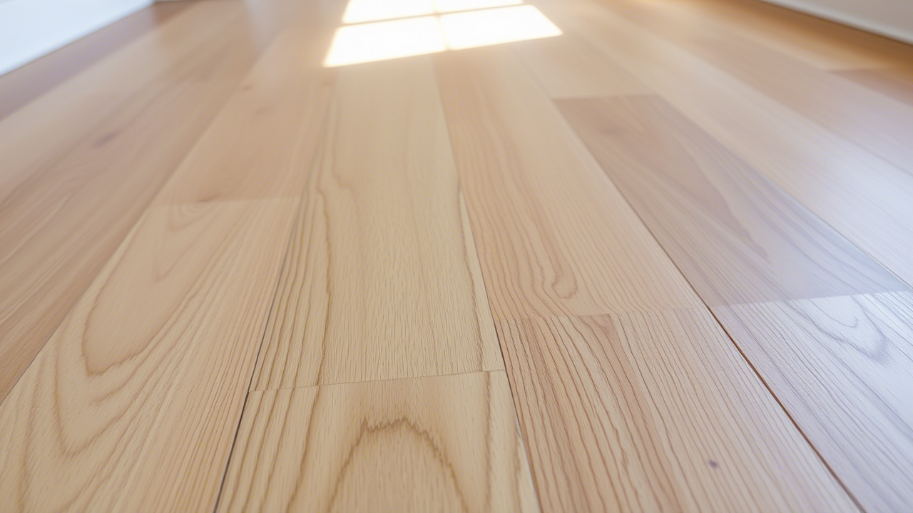 Close-up of newly installed wide-plank hardwood flooring