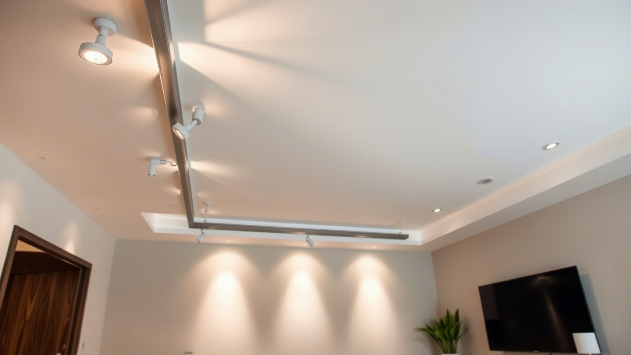 Stylish modern chandelier casting light patterns on ceiling