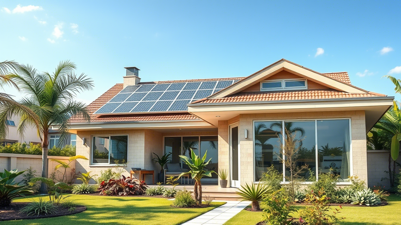 Green house with solar panels, representing eco-friendly renovation