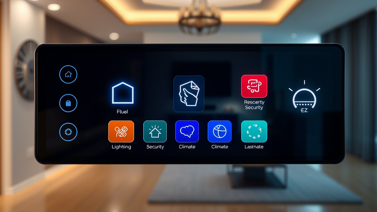 Smart home control panel with various icons
