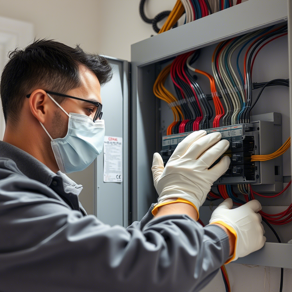 Electrician working on an organized electrical panel in a DHA residence