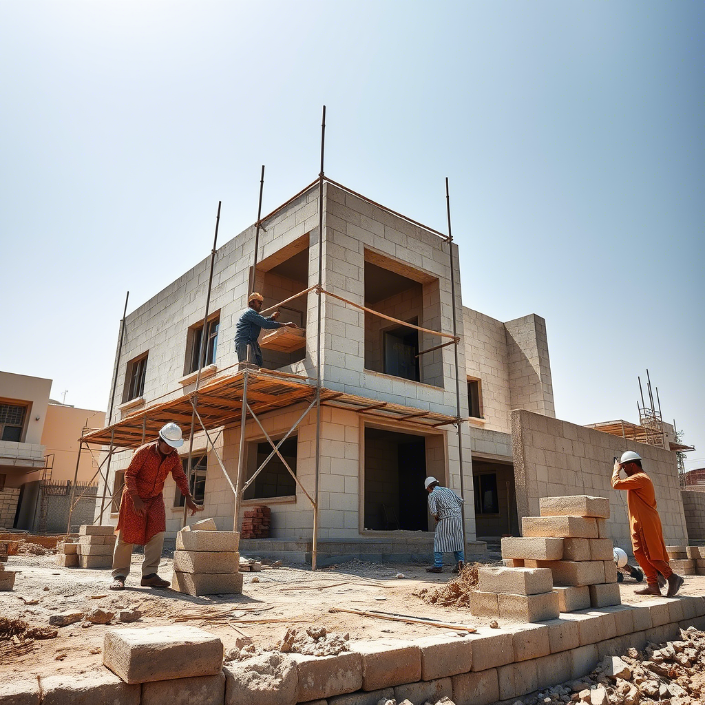 Multiple Pakistani laborers building concrete block masonry on a big project in Karachi DHA