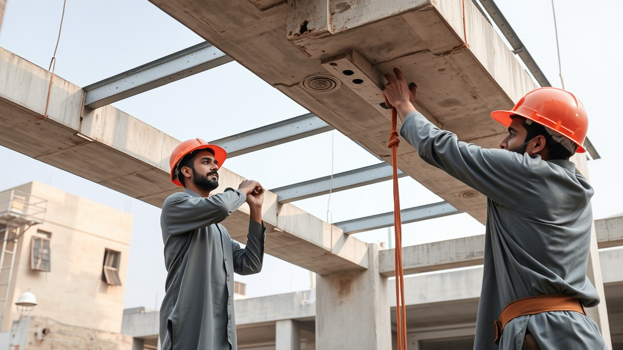 Construction worker reinforcing a building structure