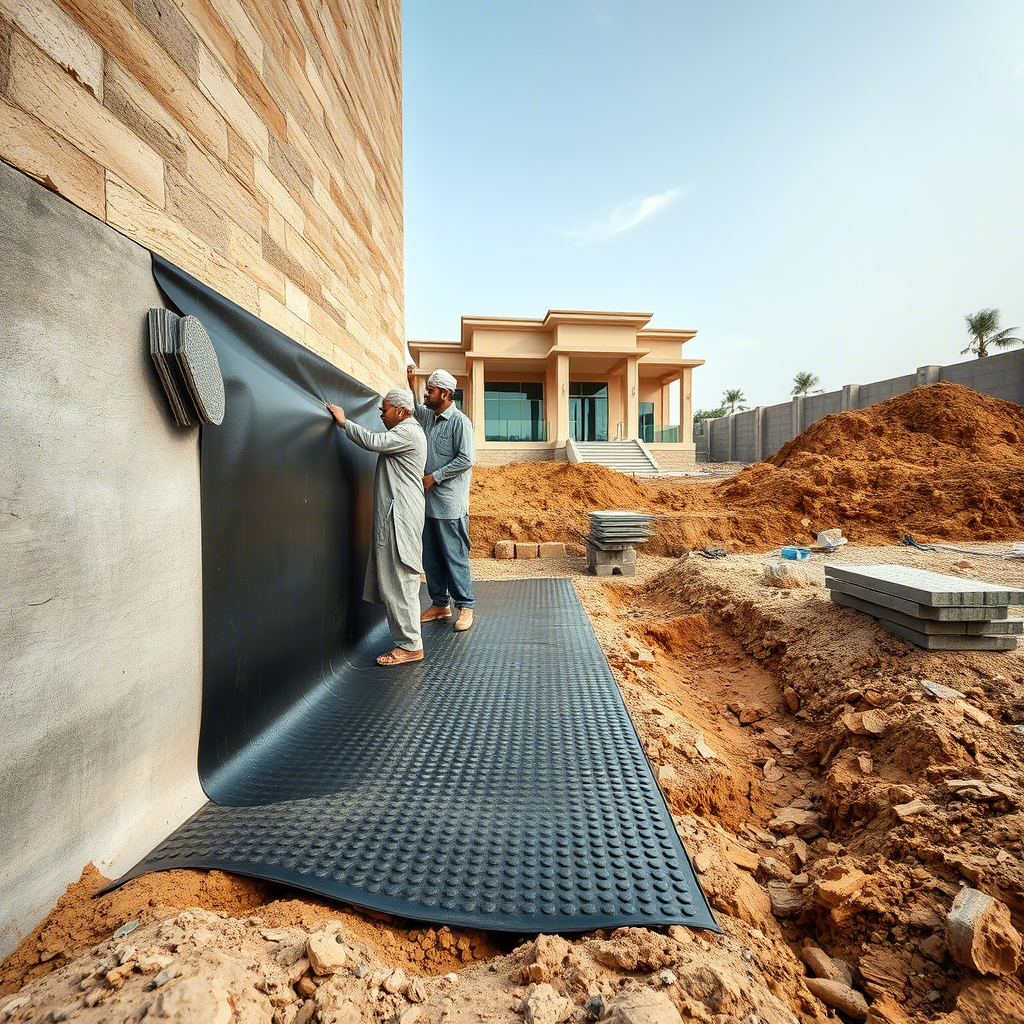 Cutaway diagram showing comprehensive basement wall waterproofing for a DHA villa