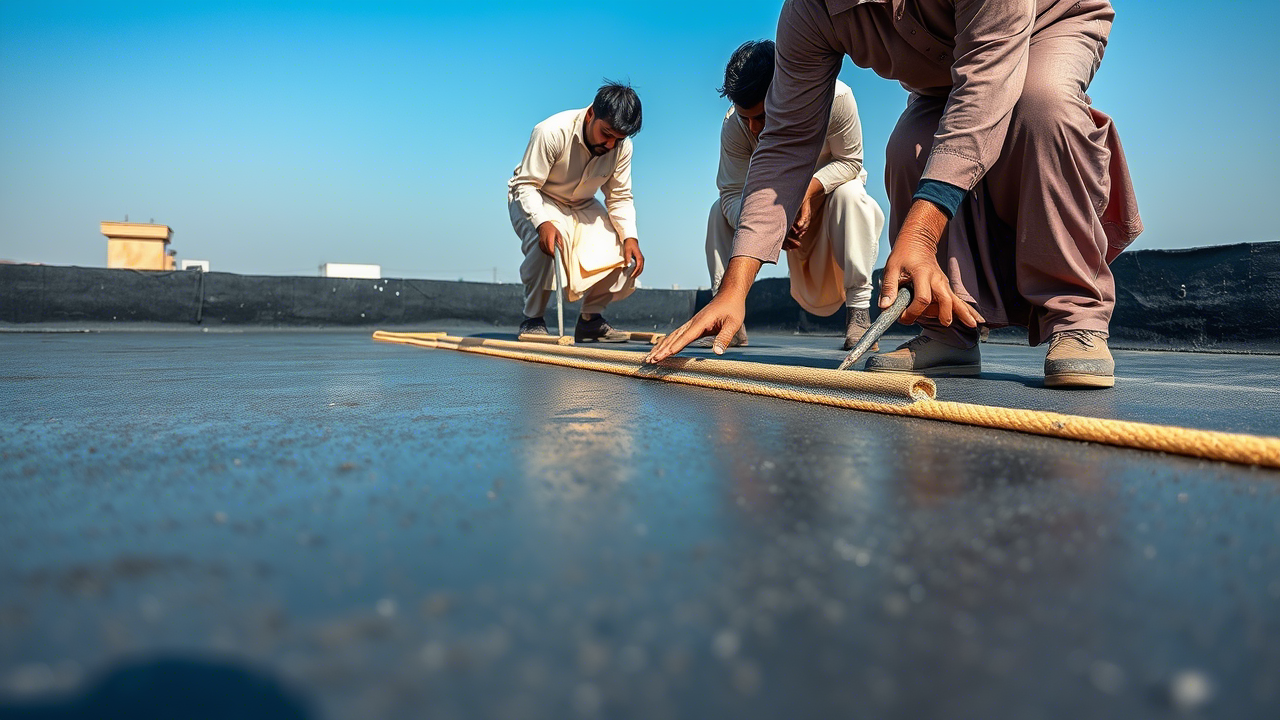 Multiple Pakistani laborers applying jute felt bitumen roof waterproofing on DHA villa