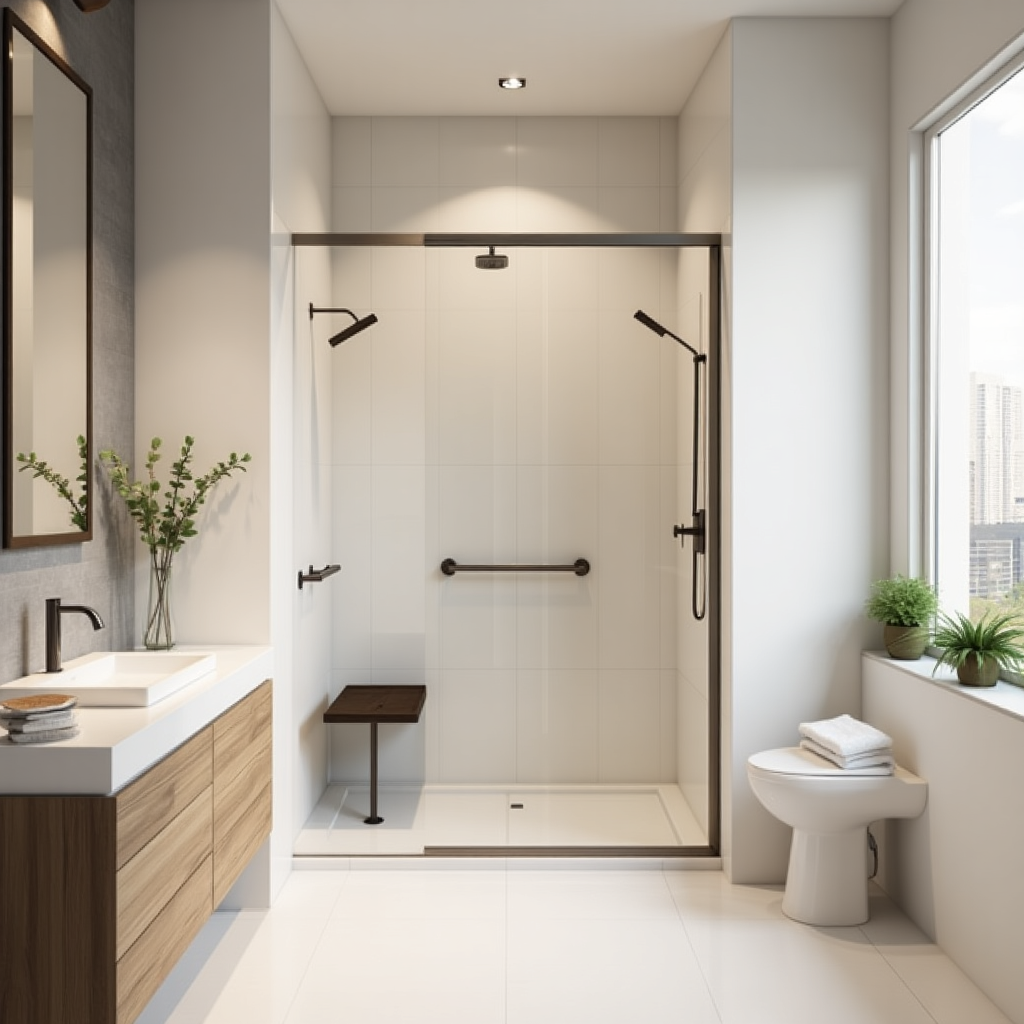Modern accessible bathroom design in a Karachi home with grab bars and a roll-in shower