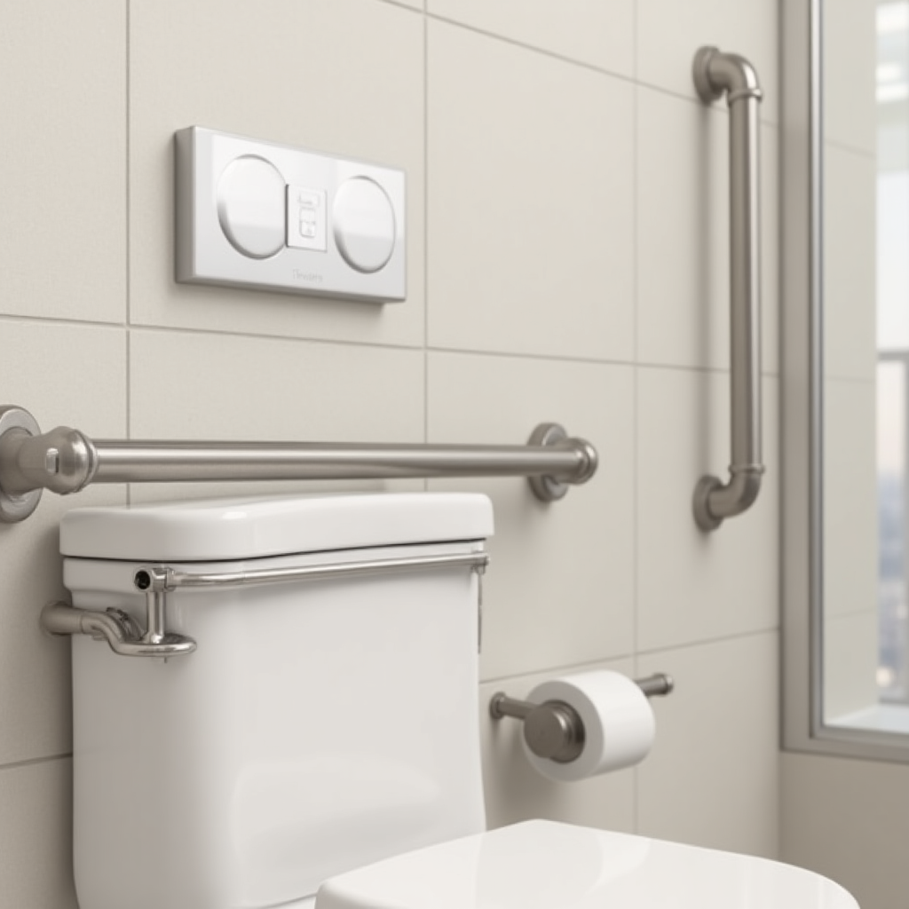 Strategically placed grab bars in a modern accessible bathroom in Karachi