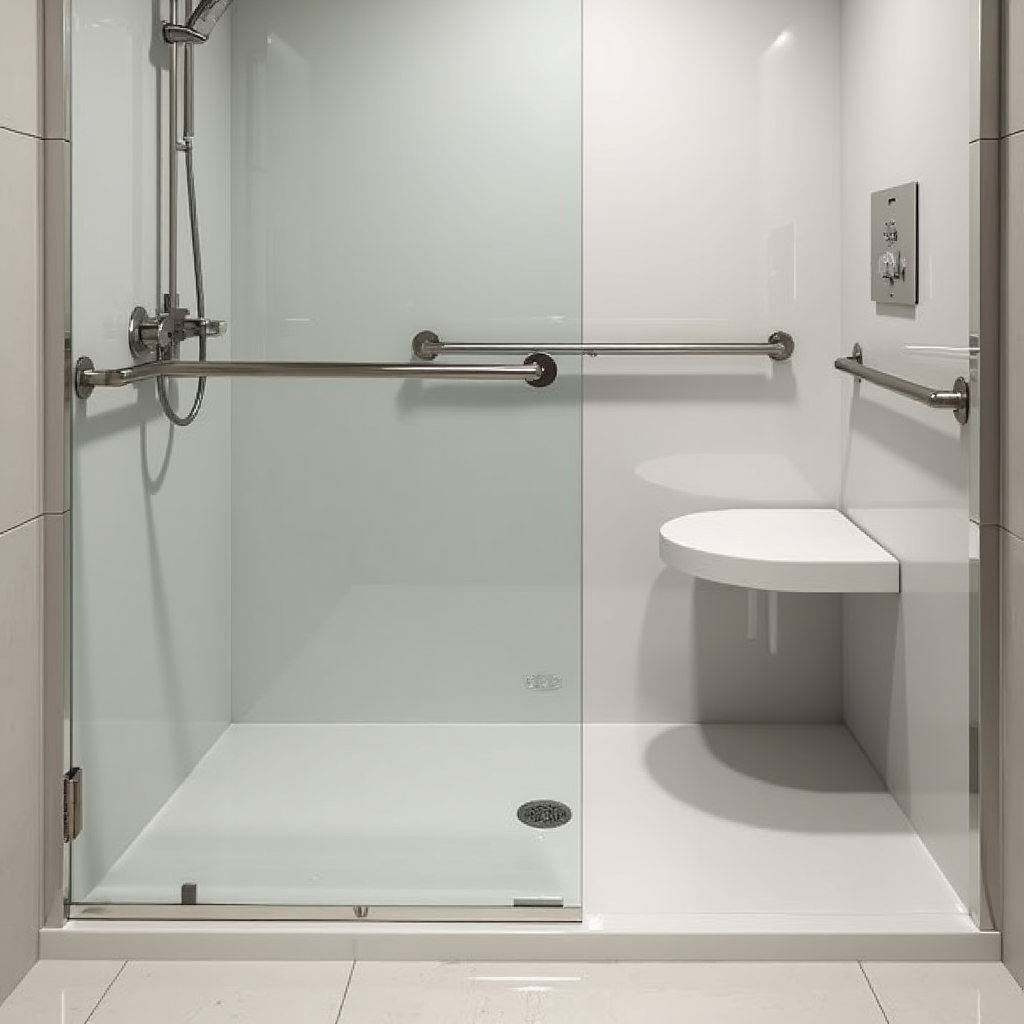 A modern roll-in shower with a seat and grab bars in an accessible Karachi bathroom