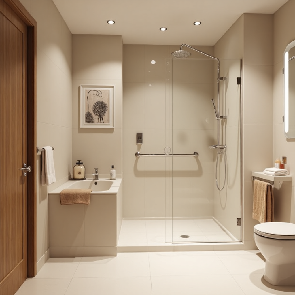 An elegantly designed senior-friendly bathroom in Karachi with easy access features