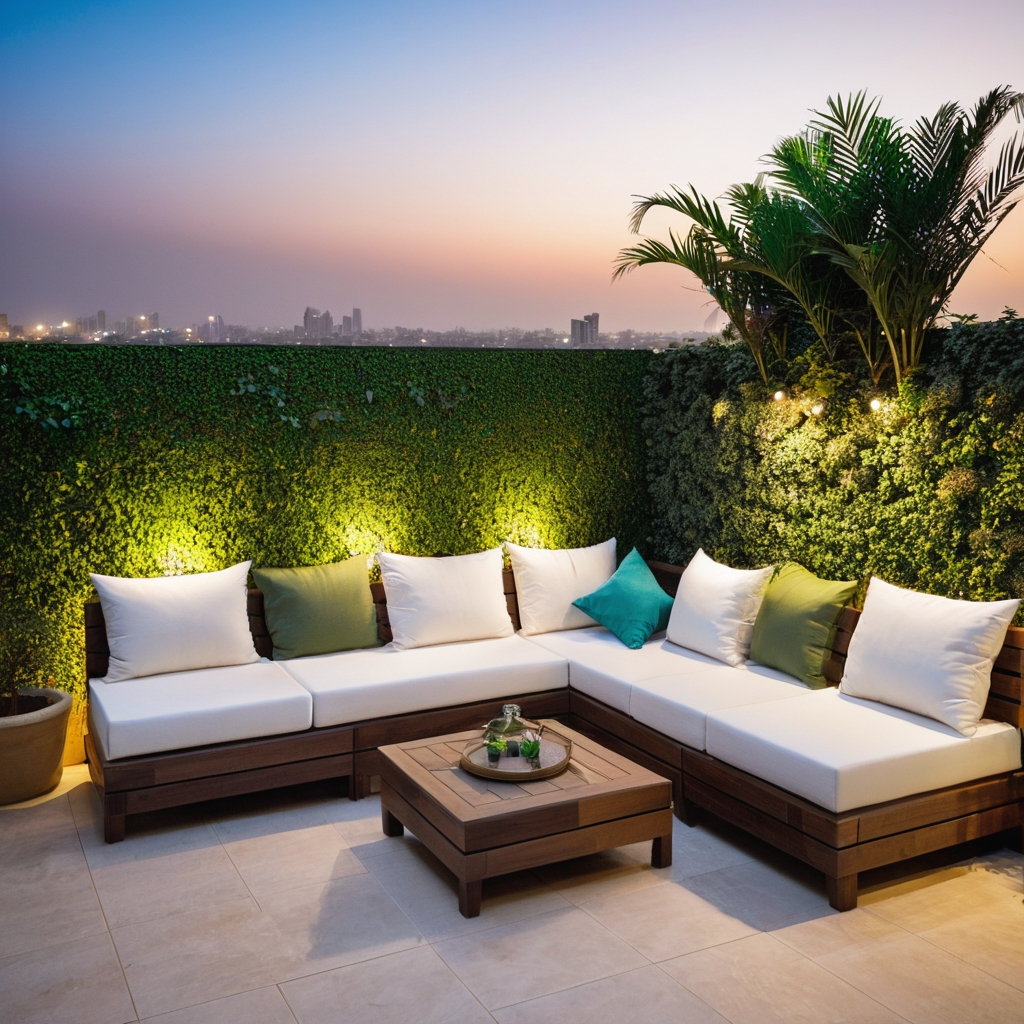A beautifully renovated modern balcony or terrace in a Karachi home with comfortable seating and greenery.