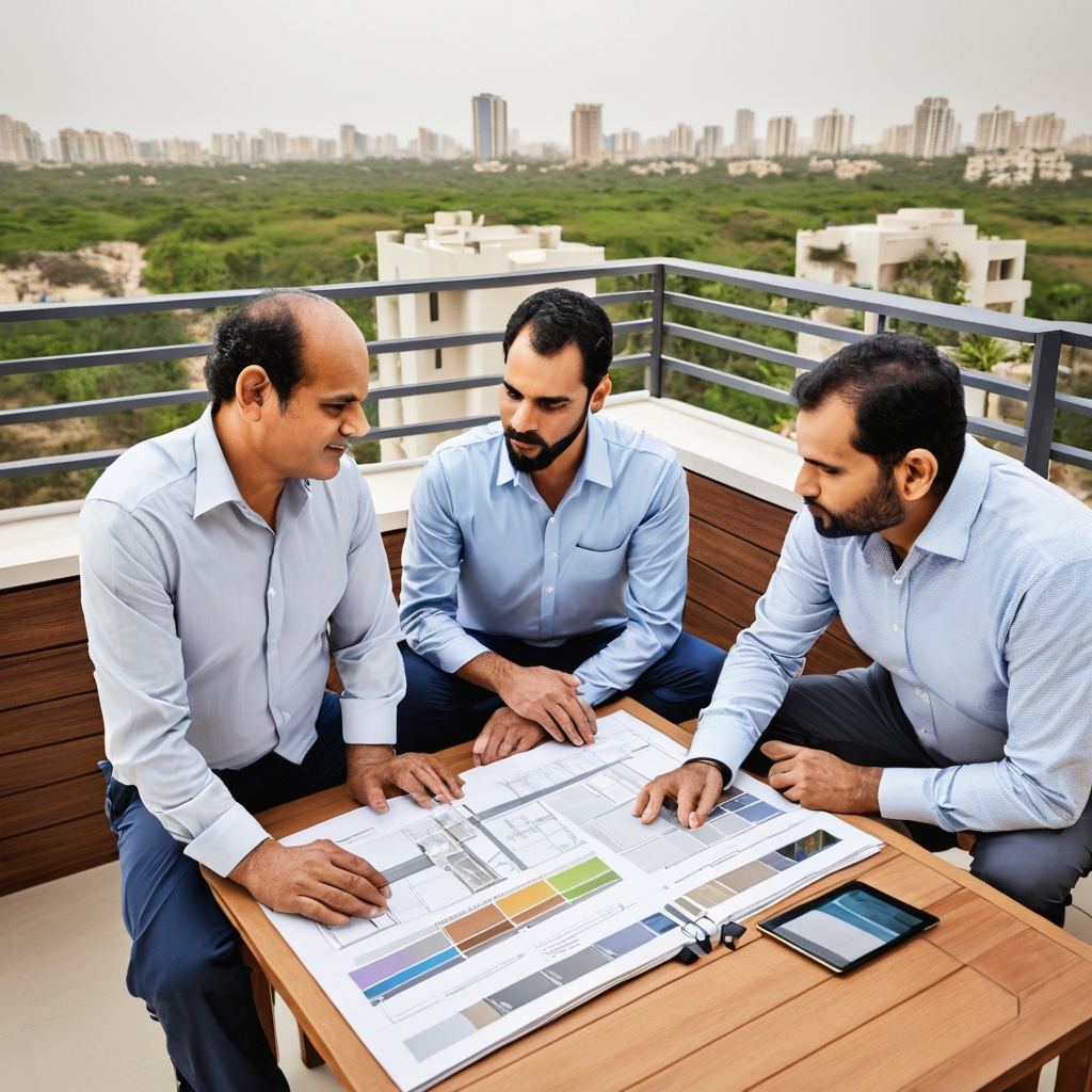 A homeowner meeting with a renovation contractor in Karachi, discussing balcony and terrace plans.
