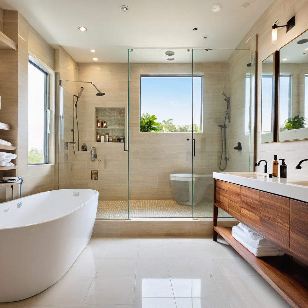 Someone cleaning a pristine, newly renovated bathroom, highlighting maintenance.