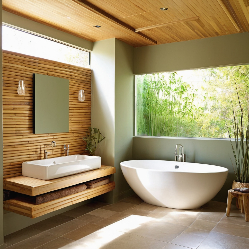 An eco-friendly bathroom featuring natural light, water-saving fixtures, and sustainable materials.