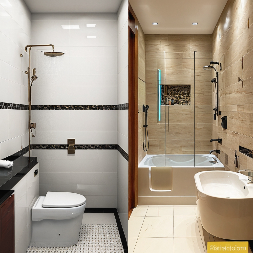 A comparison showing a dull, old bathroom before renovation and a bright, modern bathroom after transformation in Karachi.