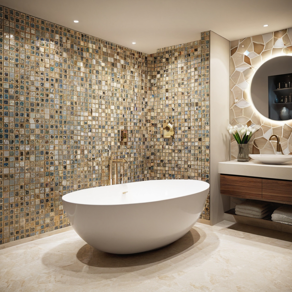 Close-up of elegant mosaic tiles and large format tiles in a renovated bathroom in Karachi.