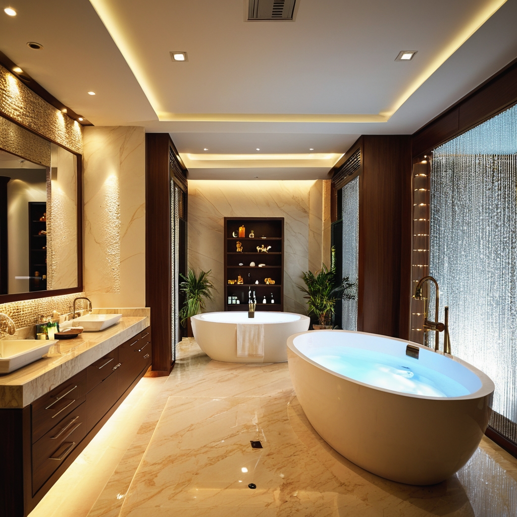 A luxurious bathroom in Karachi with a freestanding tub, marble finishes, and elegant lighting.