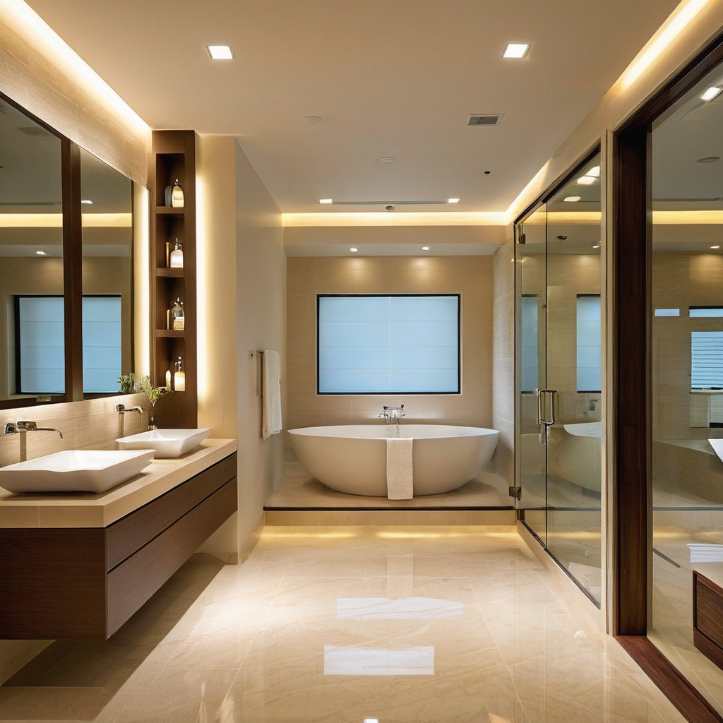 A beautifully renovated modern bathroom in a Karachi home with sleek fixtures and lighting.