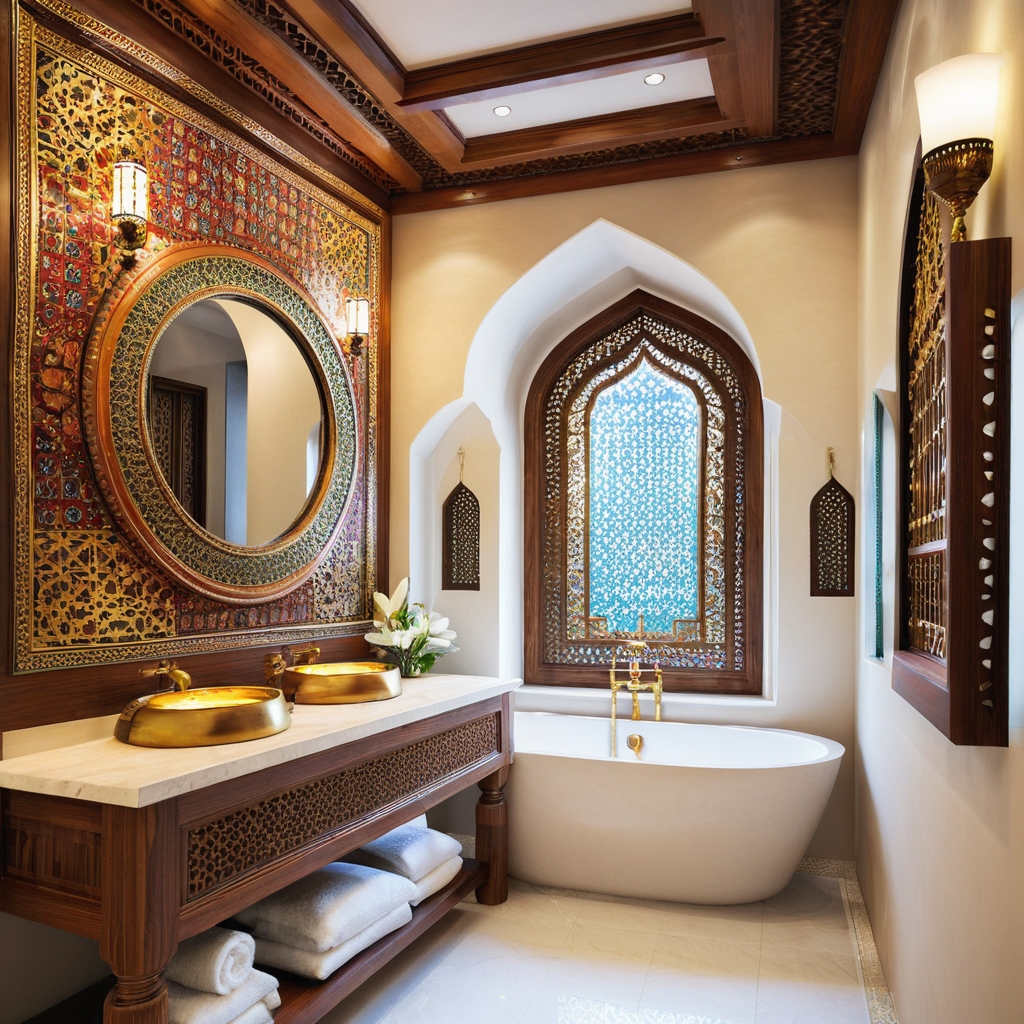 A bathroom with traditional Pakistani design elements, featuring patterned tiles and ornate fixtures.