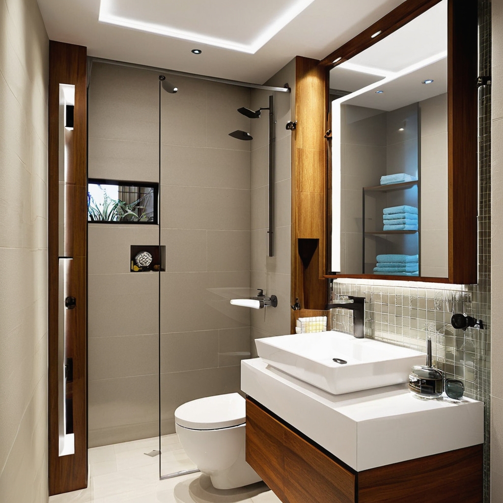 A small, cleverly designed bathroom in Karachi with space-saving features like a wall-mounted toilet and corner shower.