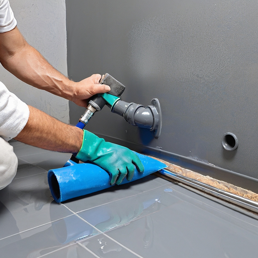 Bathroom undergoing professional waterproofing in Karachi, showing a protective layer being applied.