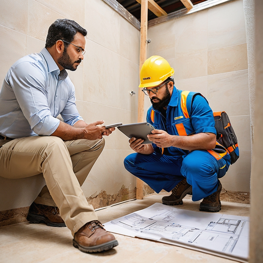Team of professional waterproofing contractors inspecting a bathroom in Karachi, discussing the project details.