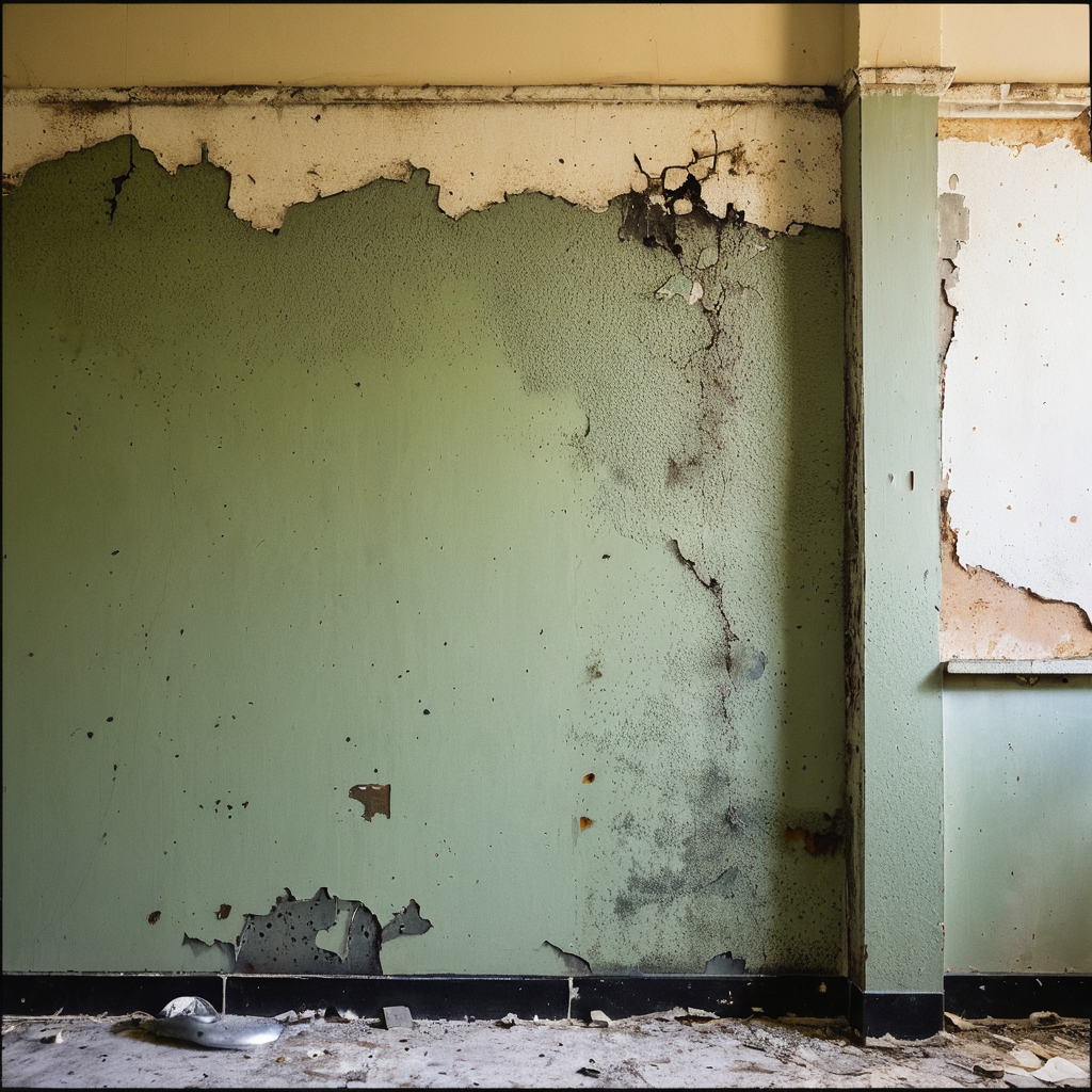 Close-up of a damp wall with peeling paint and mold, illustrating common bathroom leakage issues.