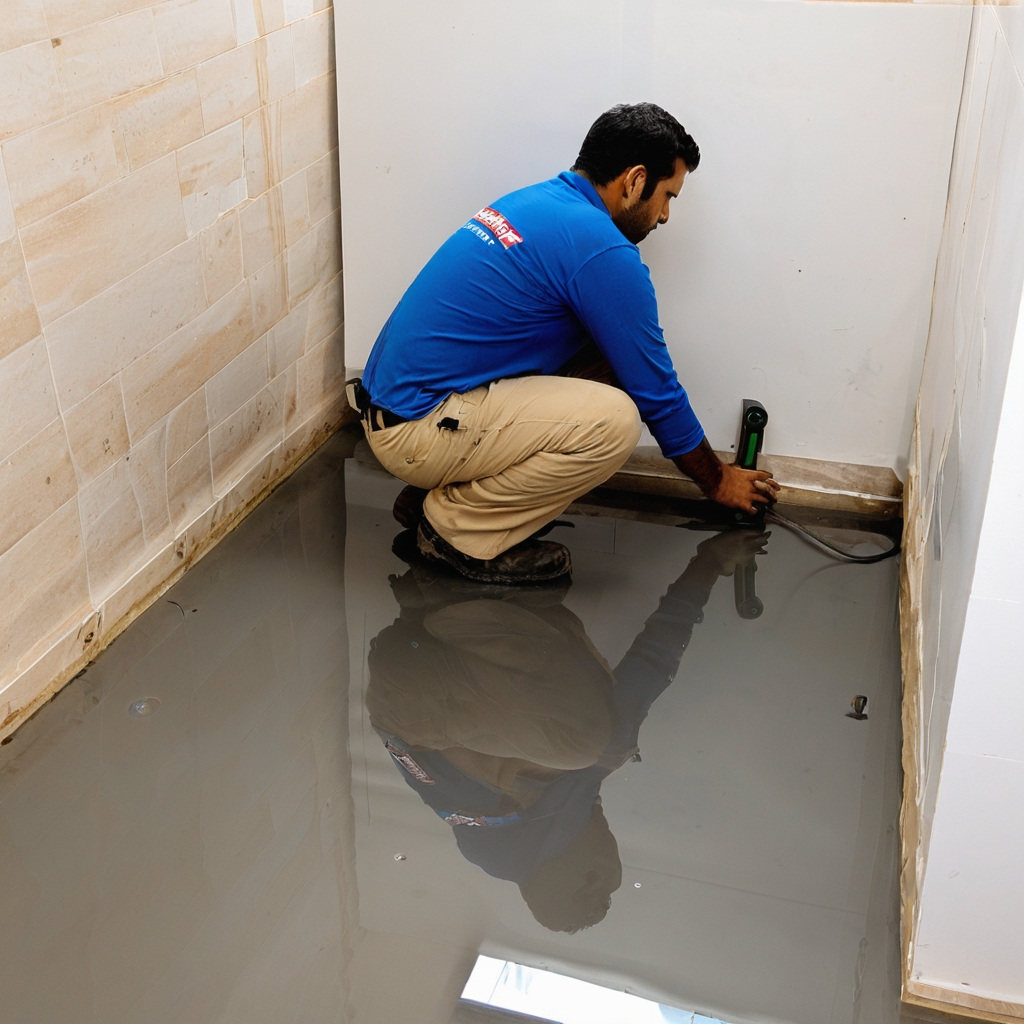 Professional contractor performing flood testing in a newly waterproofed bathroom to check for leaks.