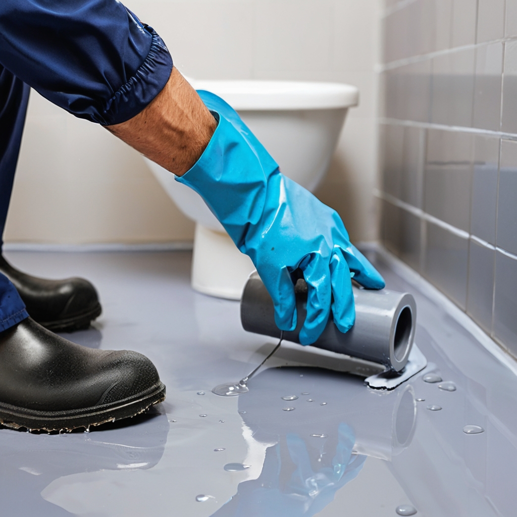 Worker applying a liquid waterproofing membrane to a bathroom floor during renovation.