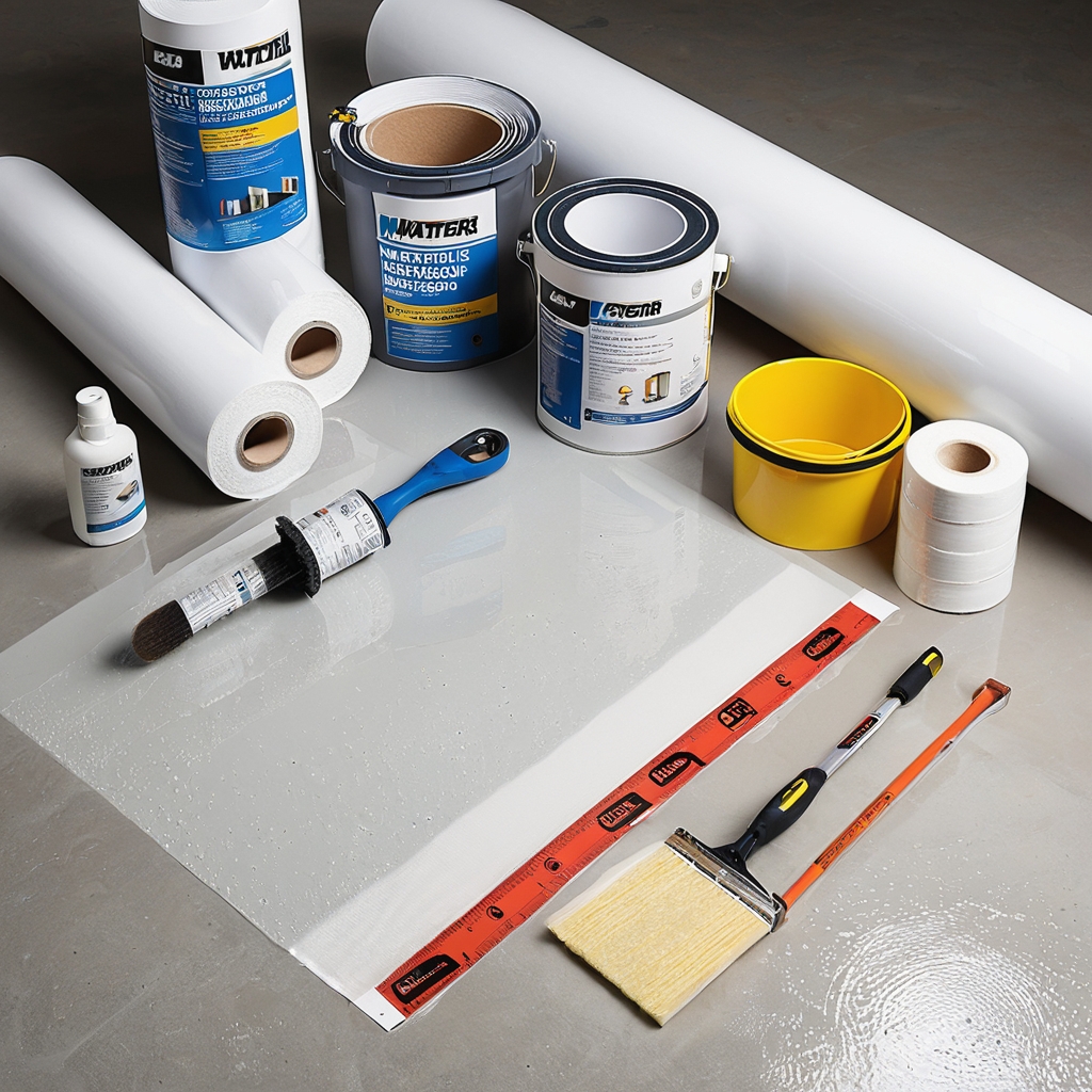 Various waterproofing materials and tools laid out for bathroom construction, including buckets of liquid membrane and rolls of sheet membrane.