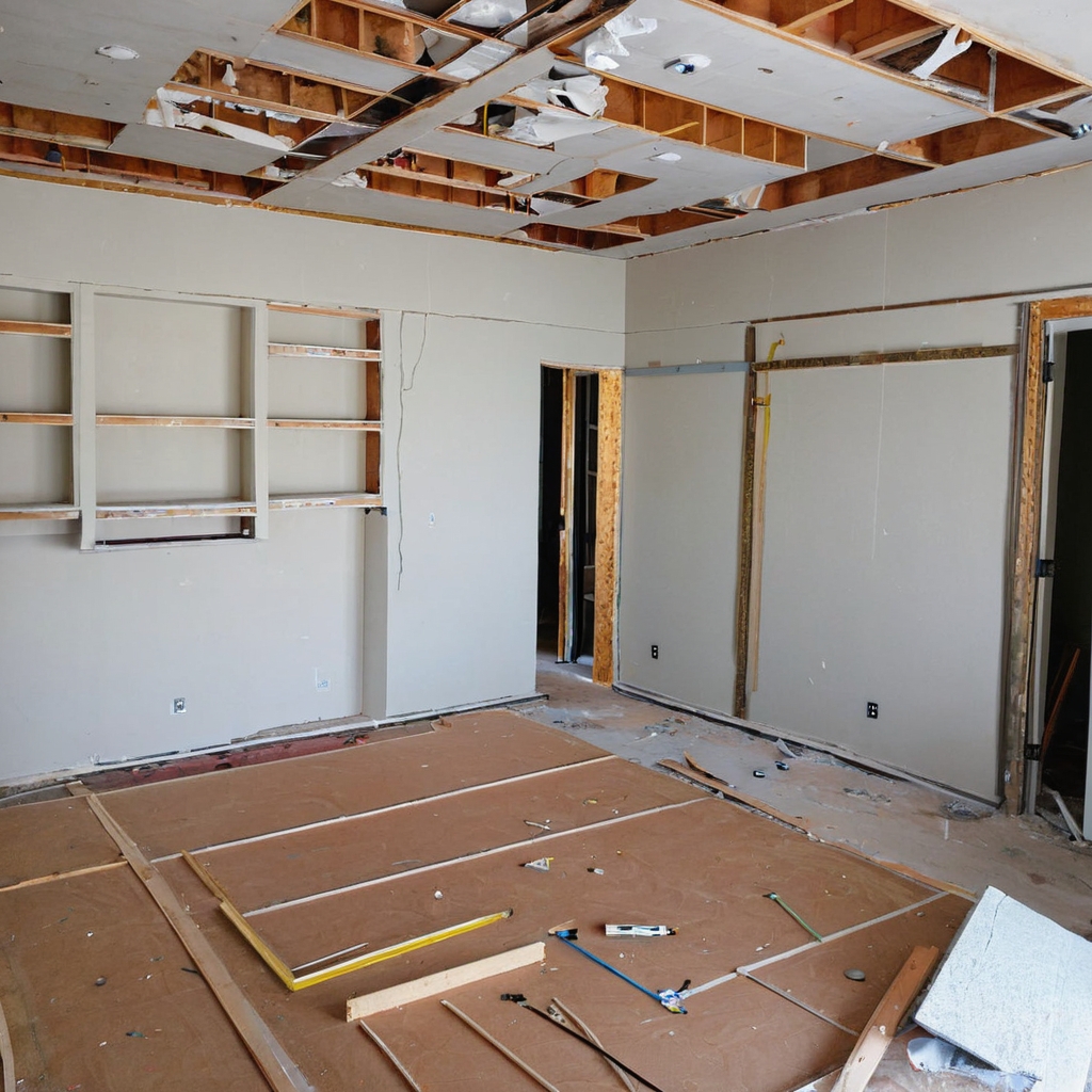 A detailed view of a bedroom renovation in progress, showing various stages from raw materials to finished work