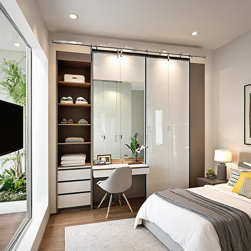 A cleverly designed small bedroom in DHA Karachi maximizing space with built-in storage and smart lighting