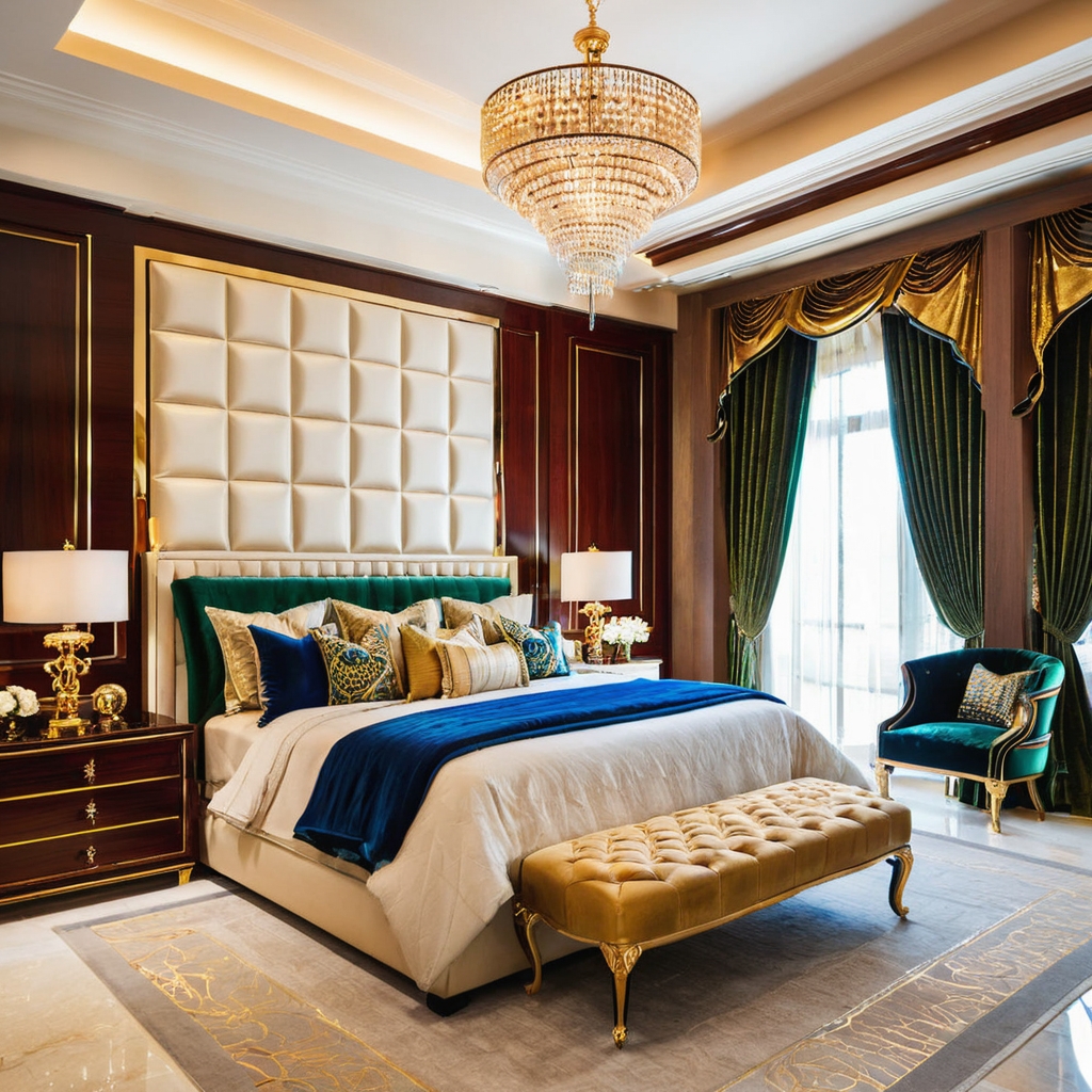 An opulent master bedroom in DHA Karachi with high-end finishes, bespoke furniture, and luxurious textiles