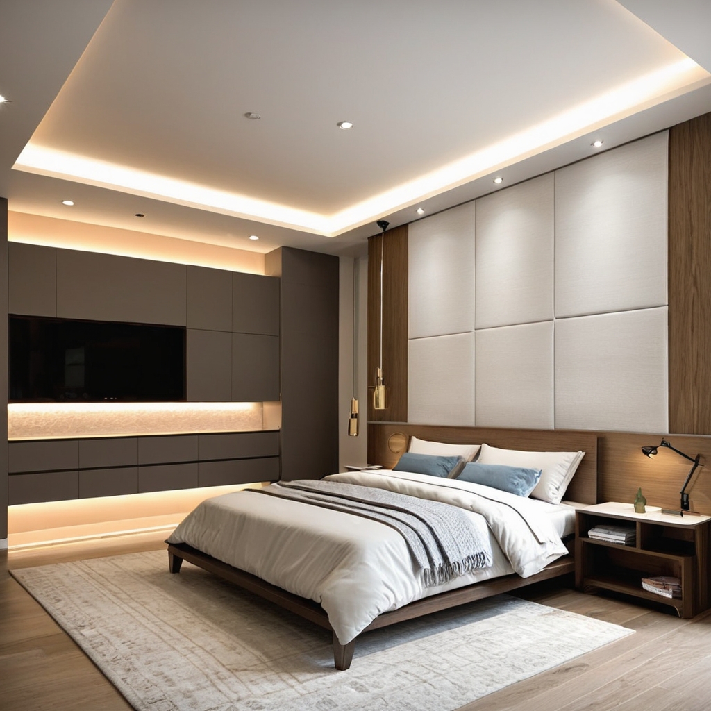 A modern bedroom in DHA Karachi with clean lines, minimalist decor, and elegant lighting