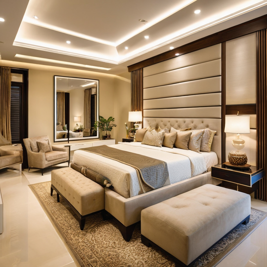 A stylish, recently renovated master bedroom in DHA Karachi with contemporary furniture and lighting