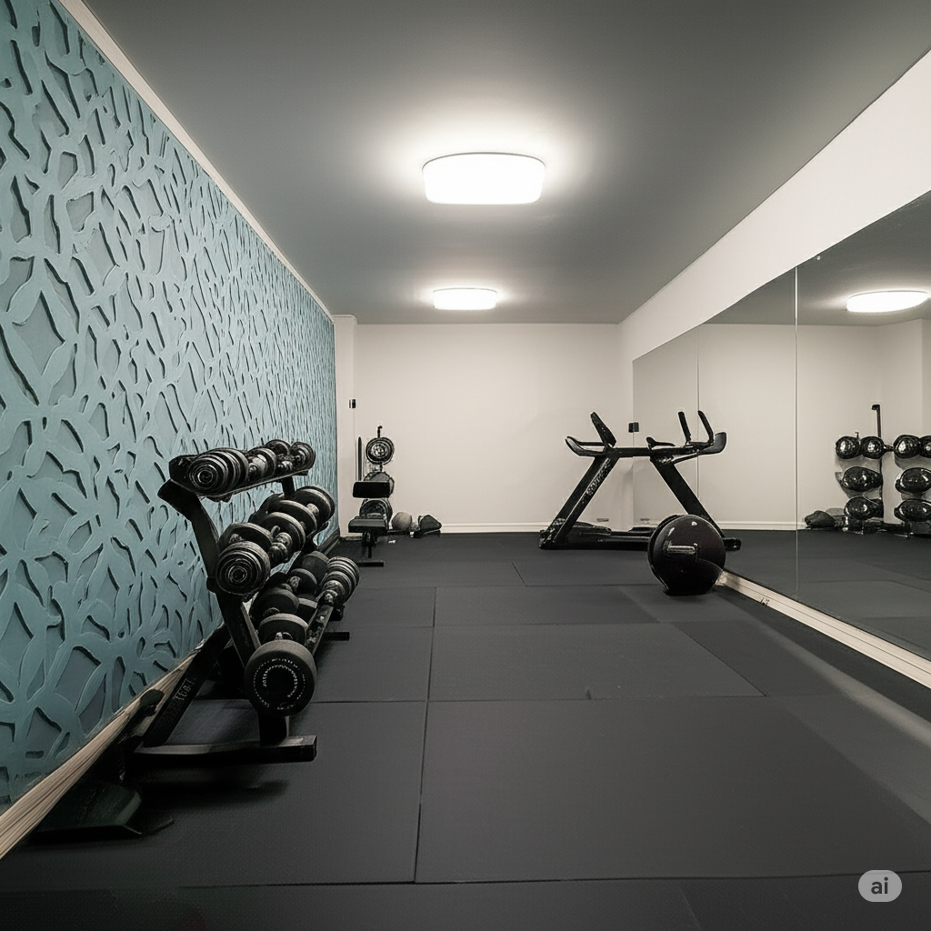 After: Vibrant, well-equipped home gym and fitness studio in a Gulshan Karachi basement with durable rubber flooring