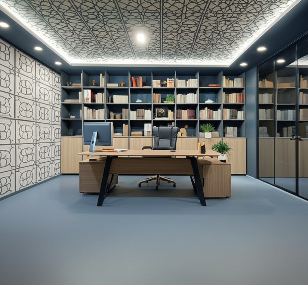 After: Modern home office and library in a Clifton Karachi basement with custom shelving and ergonomic design
