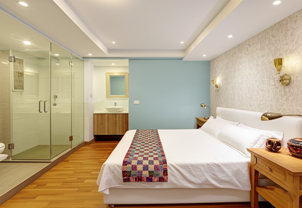 After: Cozy, hygienic guest suite with en-suite bathroom transformed from a water-damaged Karachi basement