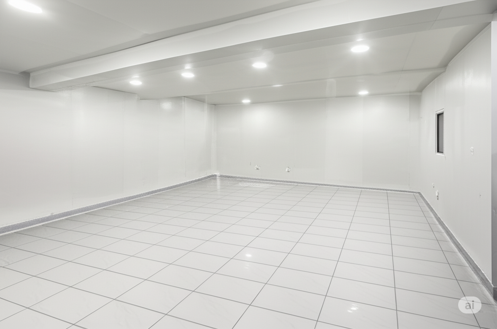 After: Completely waterproofed, bright, and tiled basement shell in Karachi, ready for finishing