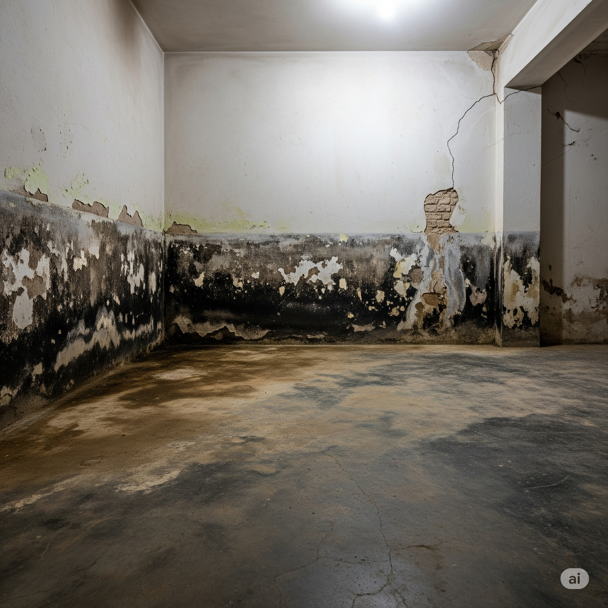 Before: Water-damaged, damp, and neglected basement in a Karachi bungalow, in need of waterproofing