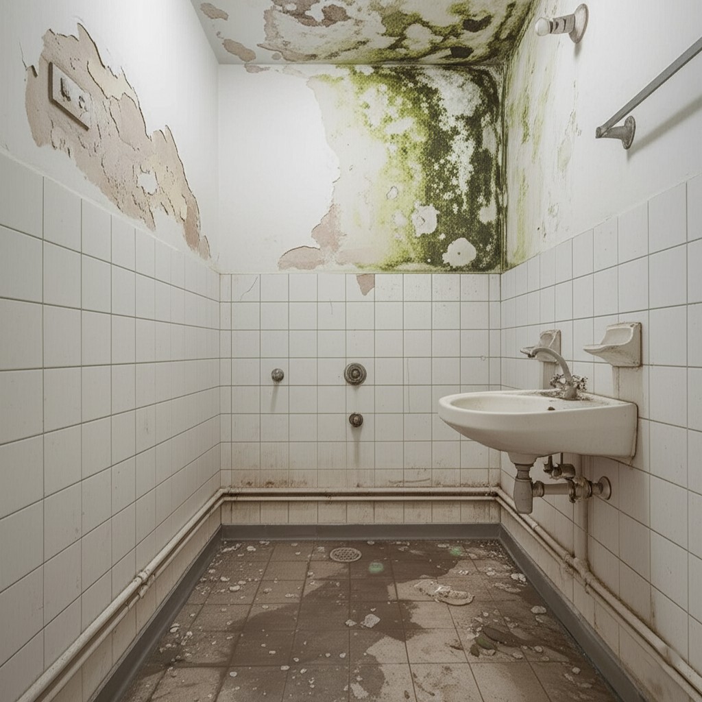 Before: Severely water-damaged, leaky, and moldy bathroom in Karachi, requiring urgent waterproofing and restoration.