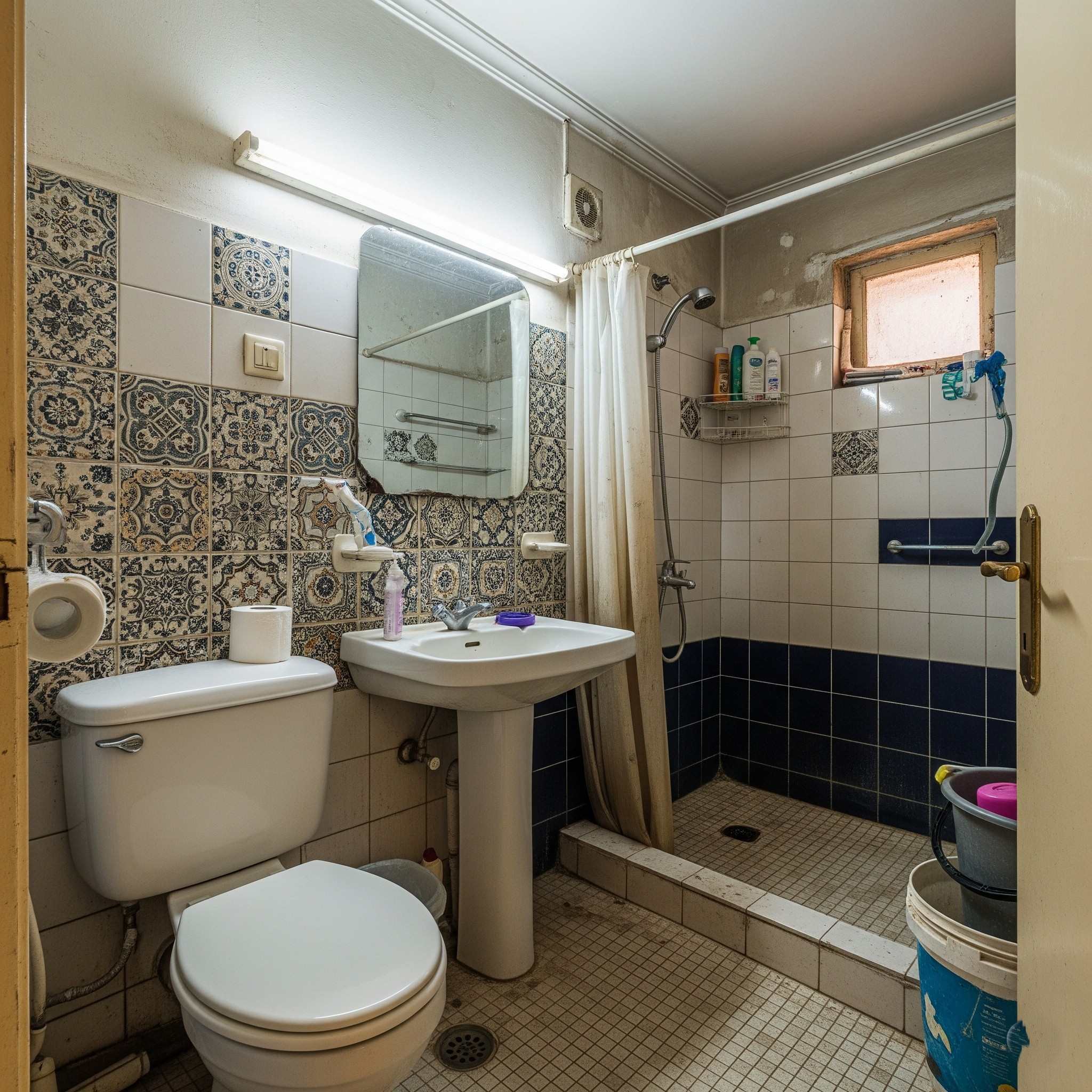 Before: Inefficient and cluttered family bathroom in a Karachi home, lacking modern amenities and storage.