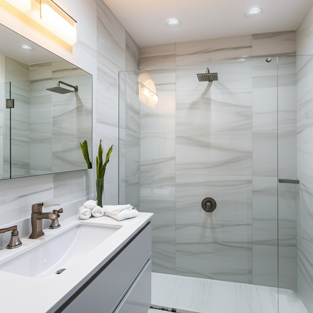 After: Modern luxury spa-inspired bathroom in a Karachi bungalow, featuring sleek design, marble tiles, and premium fixtures.